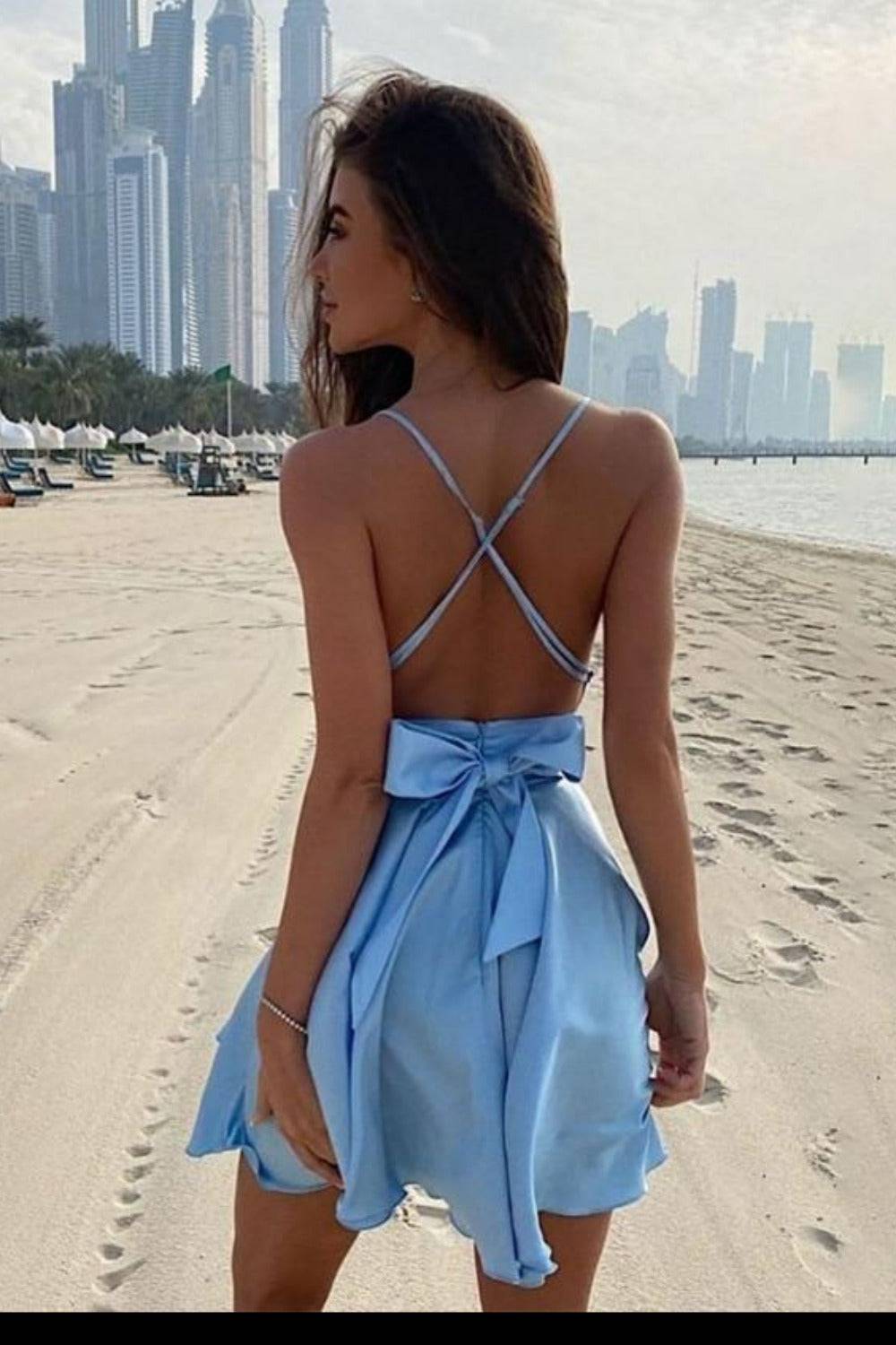Satin V-Neck Backless Cocktail Mini Dress - TGC Boutique - Mini Dresses
