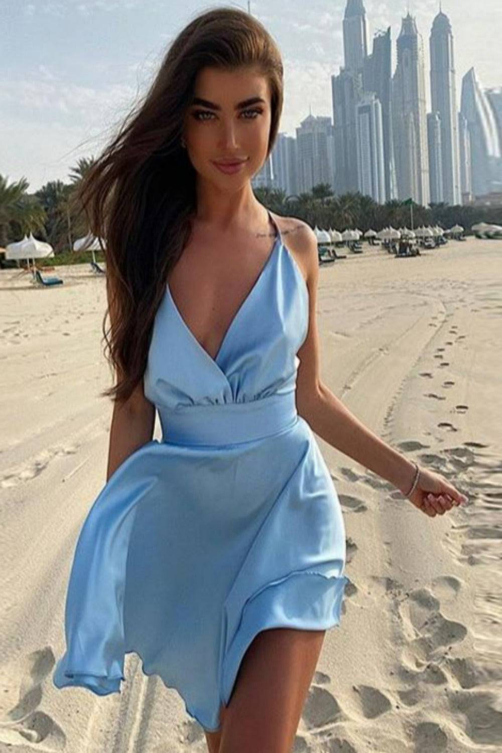 Satin V-Neck Backless Cocktail Mini Dress - TGC Boutique - Mini Dresses