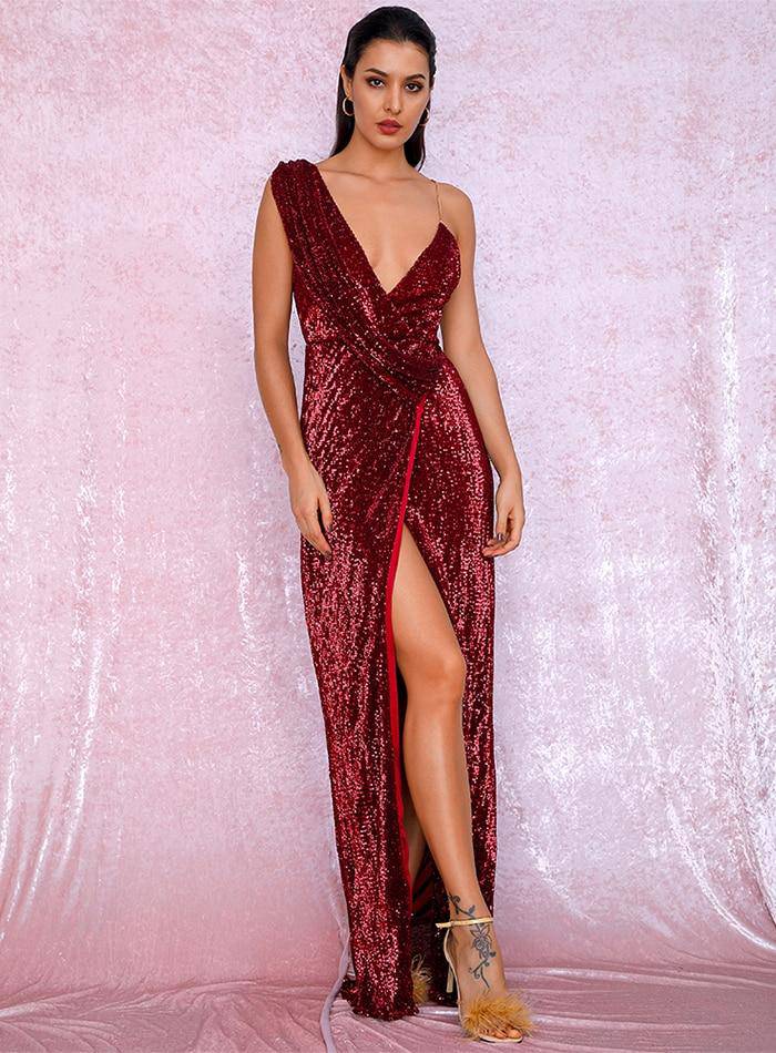 Sequin Asymmetric Chain Drape Backless Cross Wrap V Neck High Slit Leg Maxi Dress - Red - TGC Boutique - Evening Gown