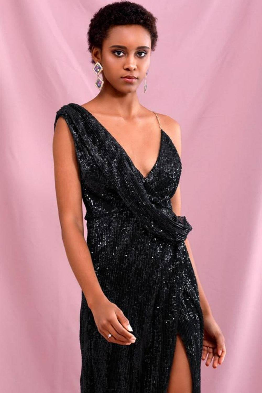Sequin Chain Drape Backless Cross Wrap High Slit Maxi Dress - Black - TGC Boutique - Black Evening Dress