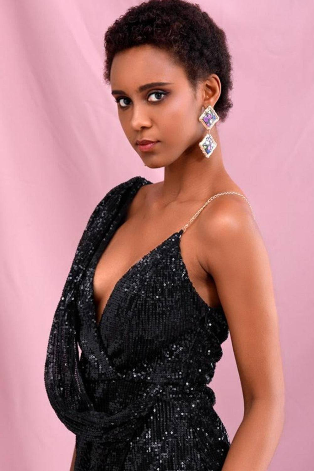 Sequin Chain Drape Backless Cross Wrap High Slit Maxi Dress - Black - TGC Boutique - Black Evening Dress