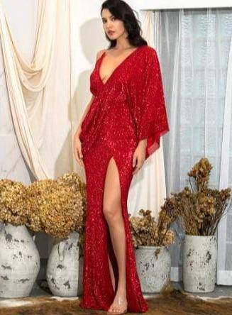 Sequin Draped One Long Sleeve Maxi Dress - TGC Boutique - Evening Gown