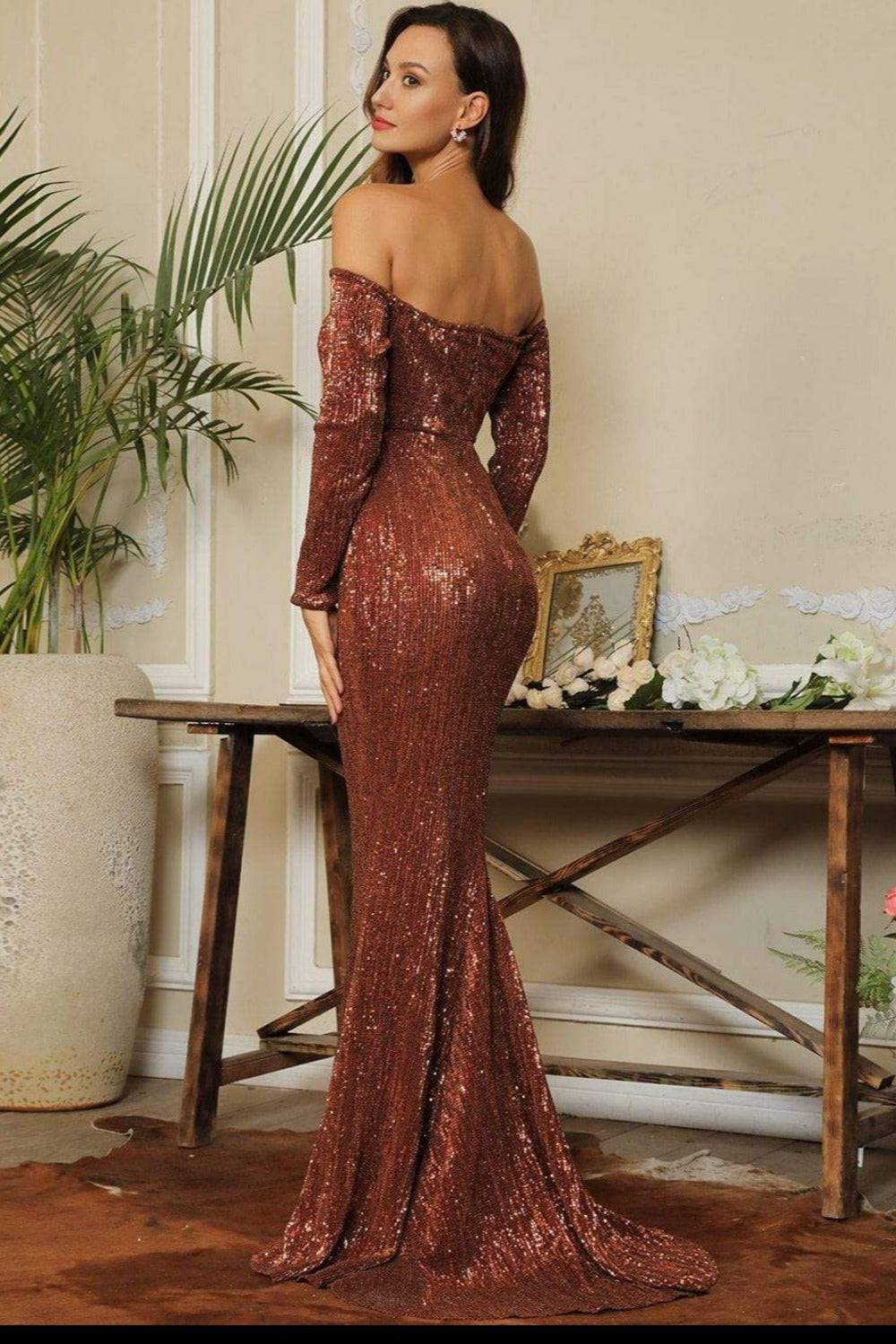 Sequin Long Sleeve Off Shoulder Mermaid Maxi Dress - Brown - TGC Boutique - Sequin Dress