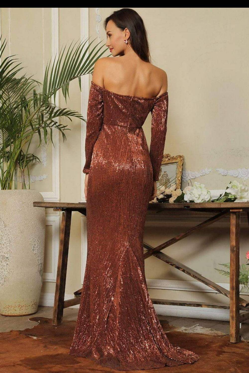 Sequin Long Sleeve Off Shoulder Mermaid Maxi Dress - Brown - TGC Boutique - Sequin Dress