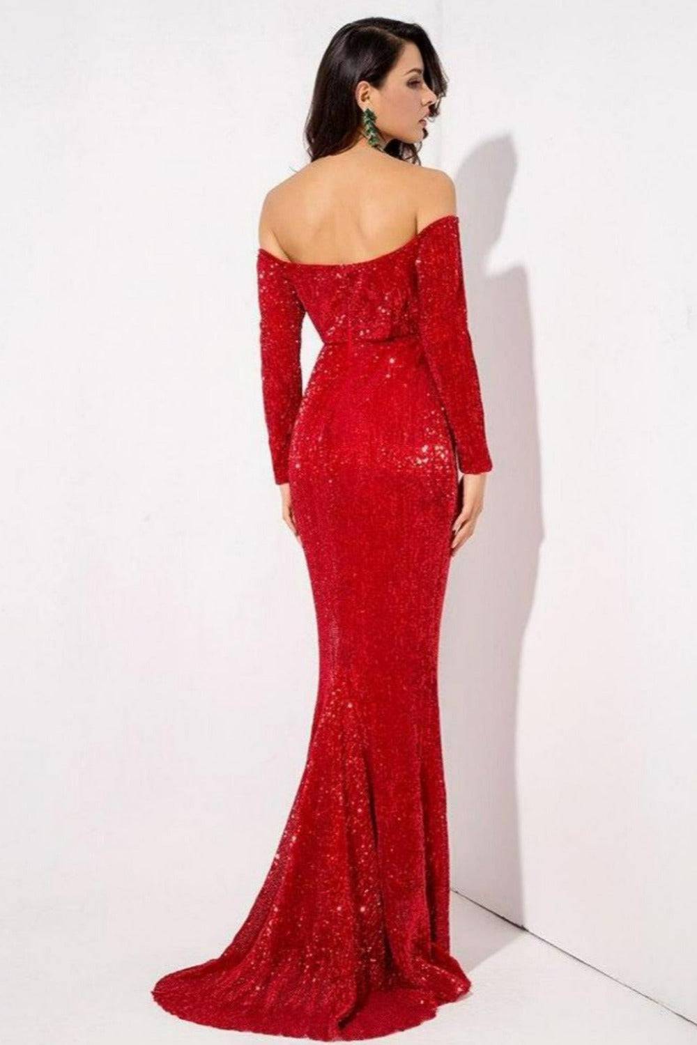 Sequin Long Sleeve Off Shoulder Mermaid Maxi Dress - Red - TGC Boutique - Evening Gown