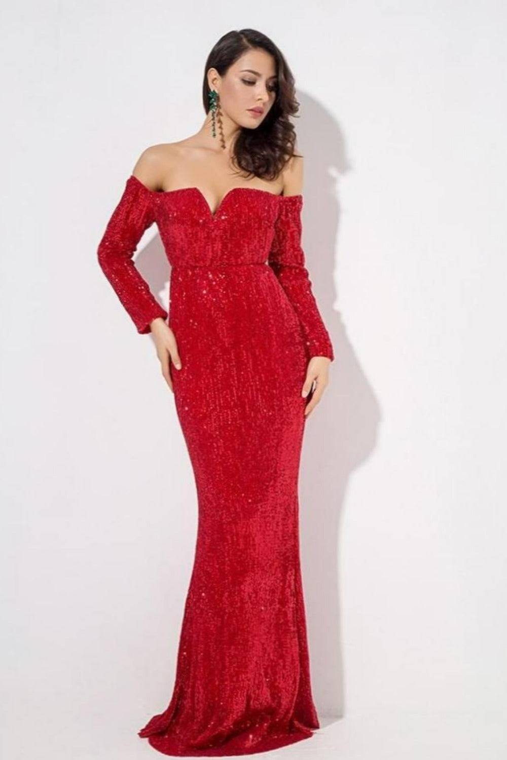Sequin Long Sleeve Off Shoulder Mermaid Maxi Dress - Red - TGC Boutique - Evening Gown