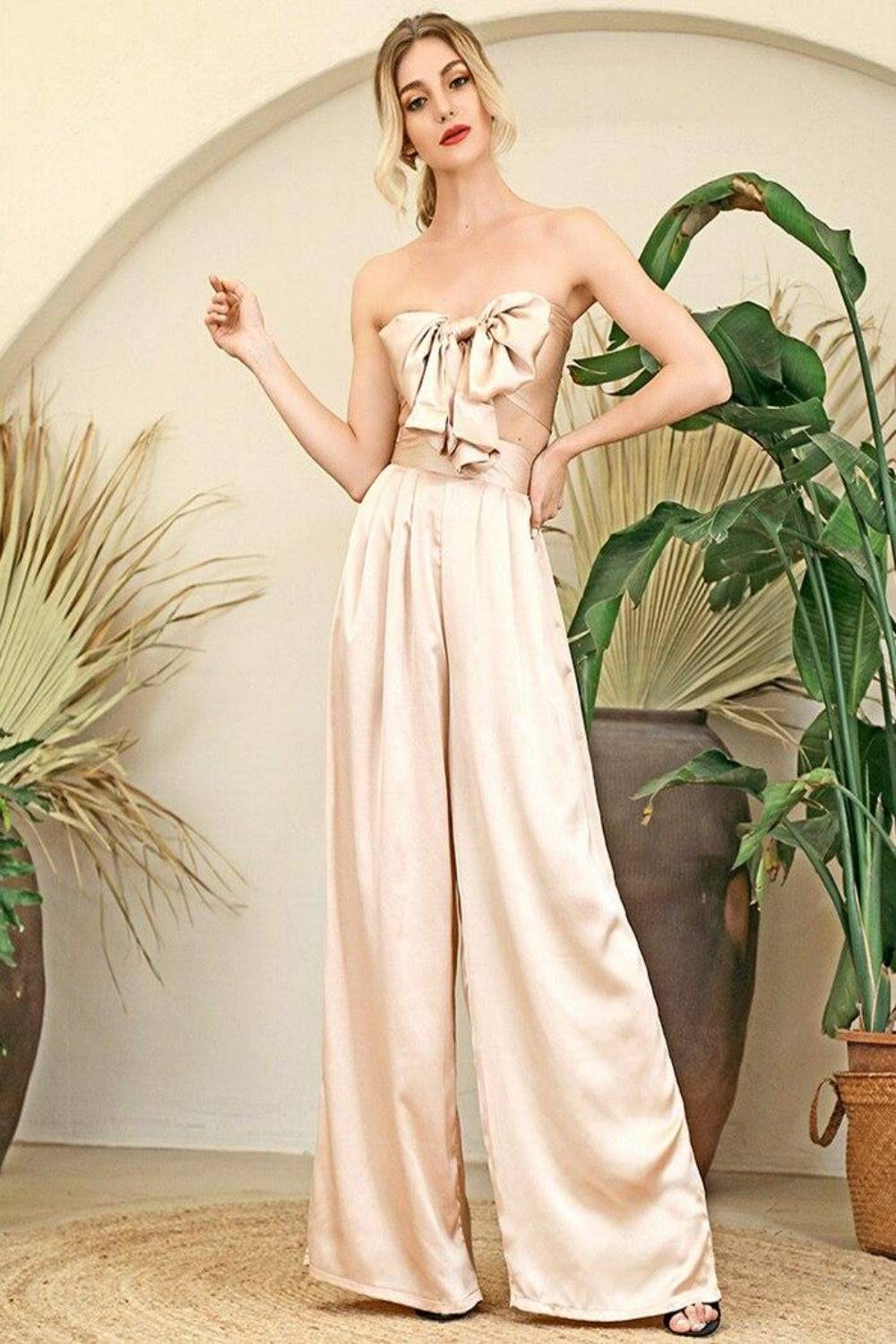 Silky Strapless High Waisted Two Piece Pants Set - Nude - TGC Boutique - 2 Piece Set