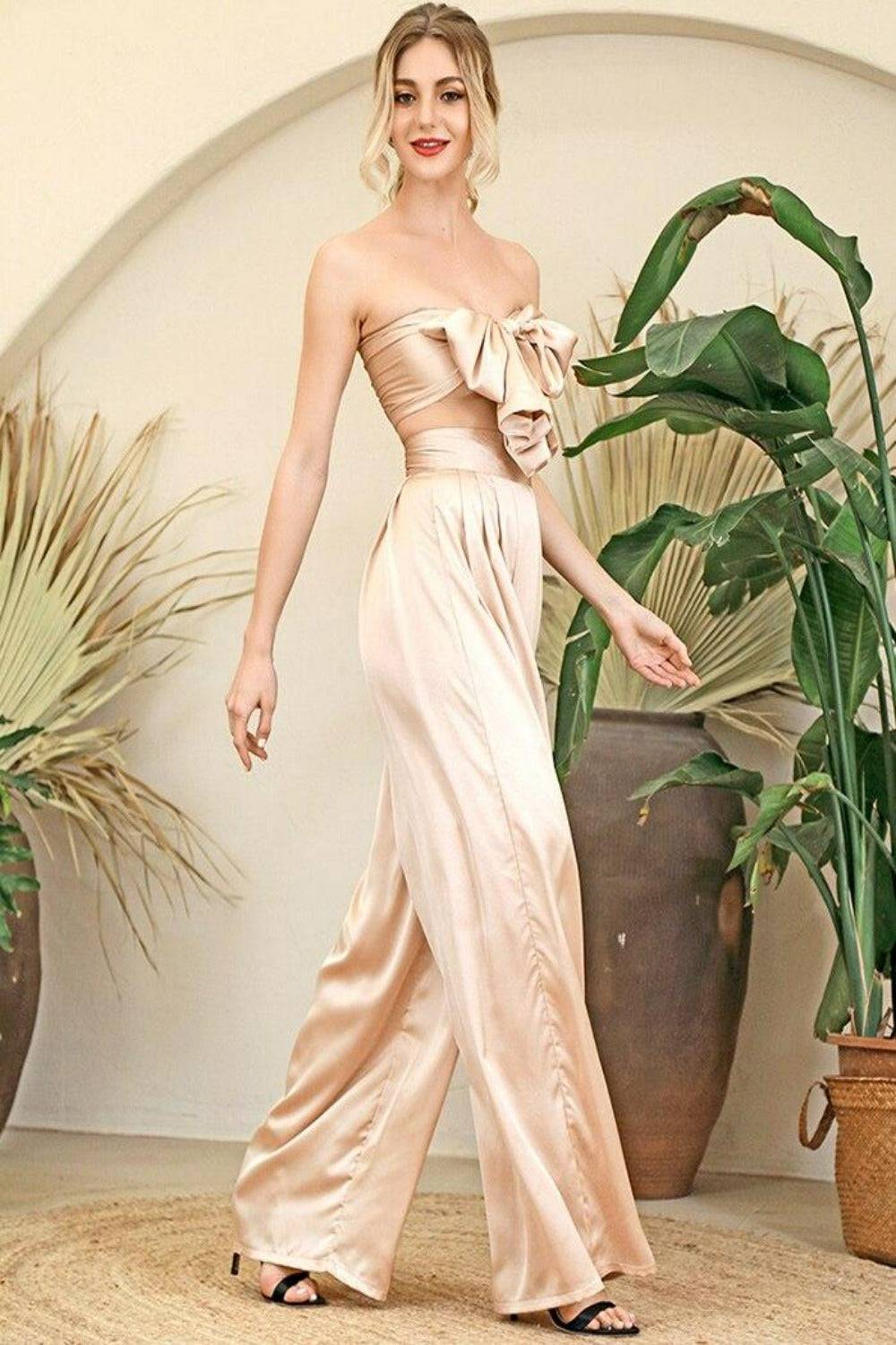 Silky Strapless High Waisted Two Piece Pants Set - Nude - TGC Boutique - 2 Piece Set