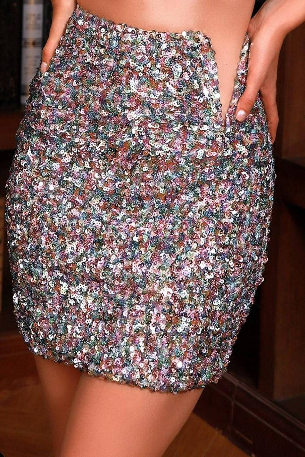 Silver Cut Out Stretch Sequin Bodycon Mini Skirt - TGC Boutique - Skirt