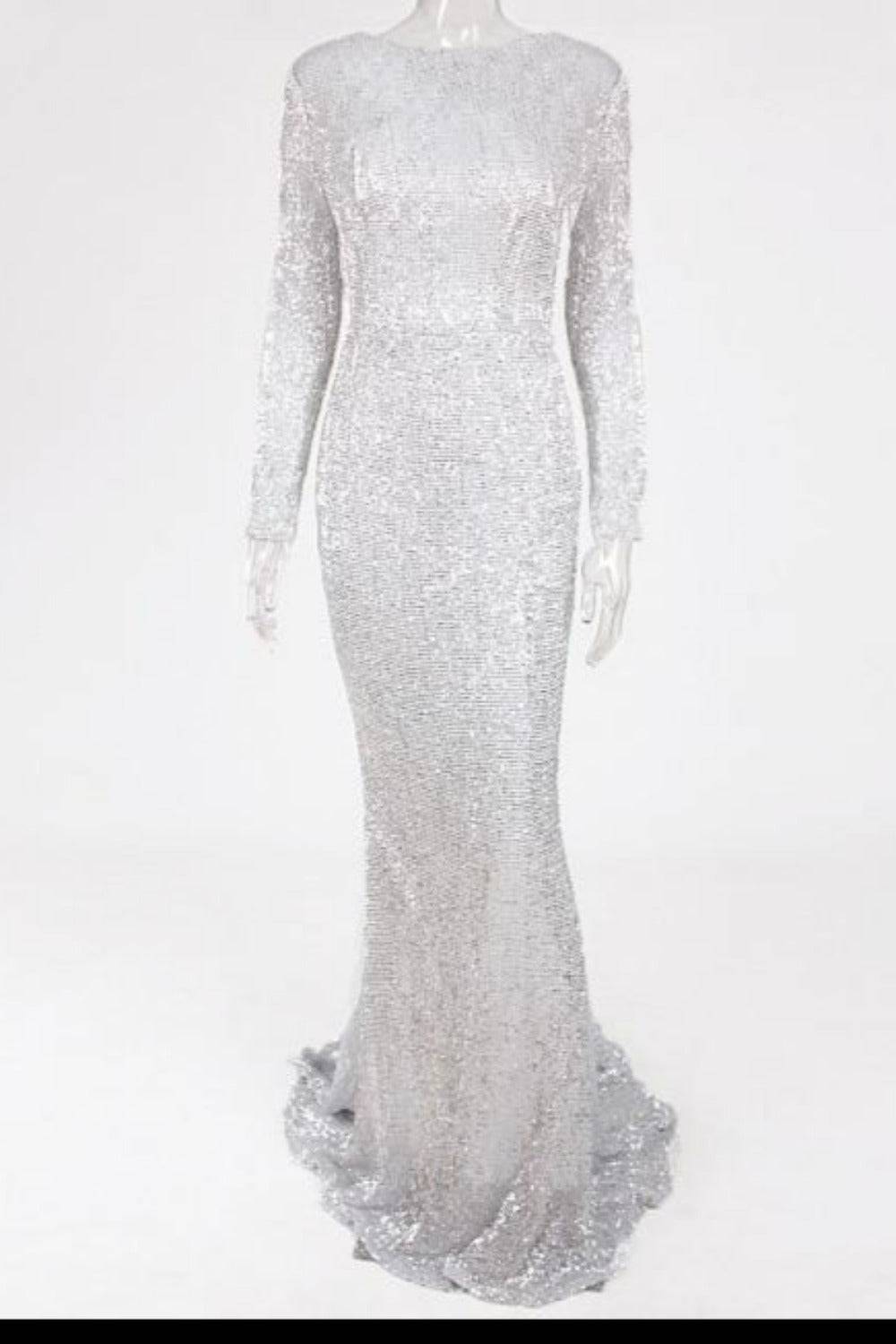 Silver Long Sleeve Elastic Sequins Mermaid Maxi Dress - TGC Boutique - Silver Evening Gown