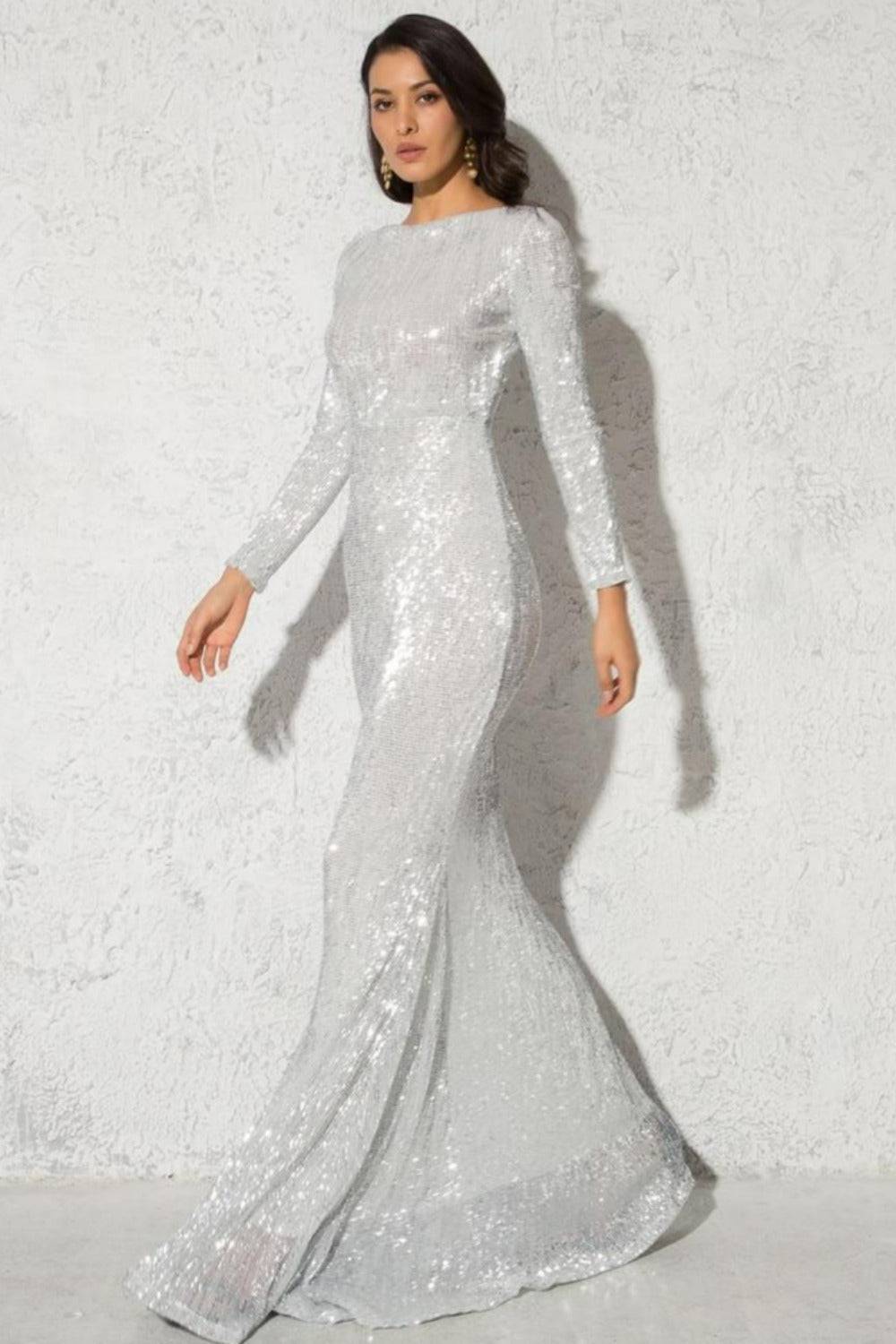 Silver Long Sleeve Elastic Sequins Mermaid Maxi Dress - TGC Boutique - Silver Evening Gown