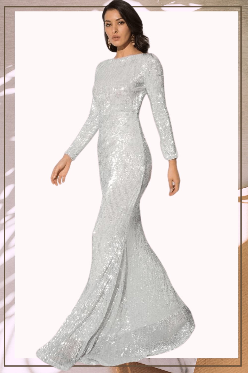 Silver Long Sleeve Elastic Sequins Mermaid Maxi Dress - TGC Boutique - Silver Evening Gown