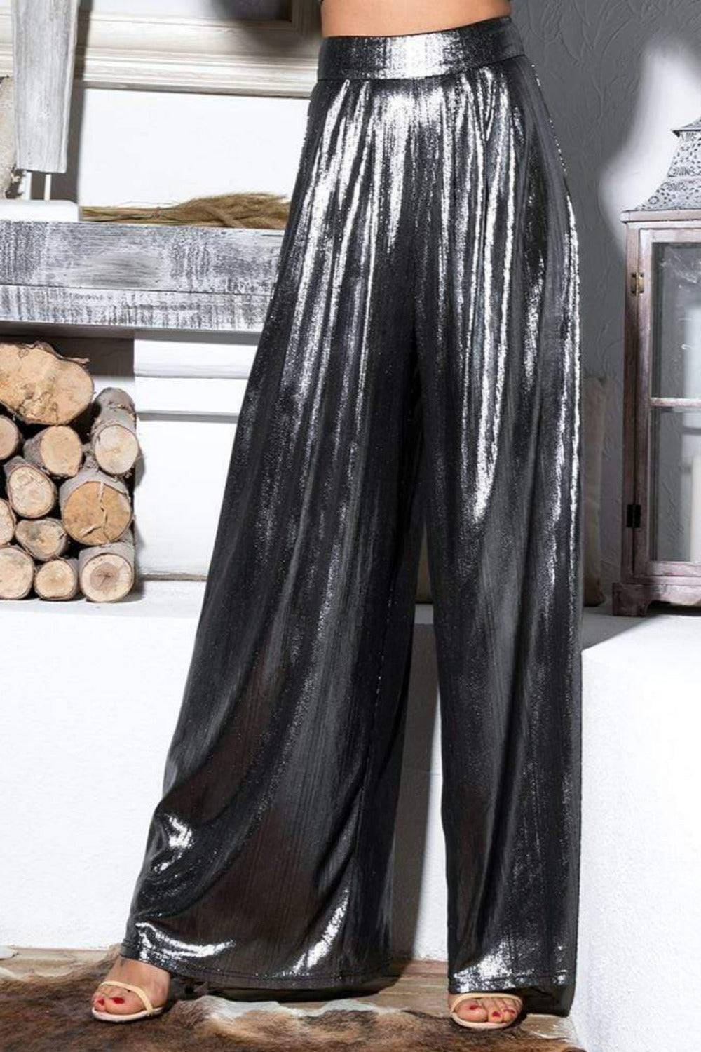 Silver Metallic High Waisted Wide Leg Palazzo Pants - TGC Boutique - Pants