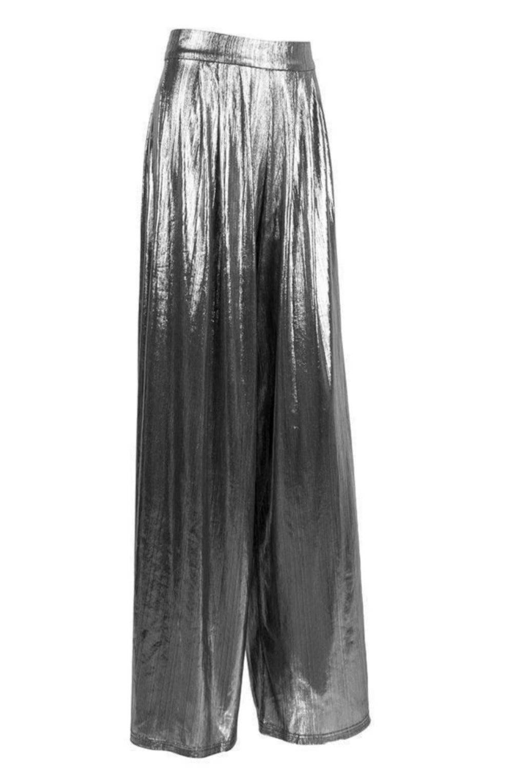 Silver Metallic High Waisted Wide Leg Palazzo Pants - TGC Boutique - Pants