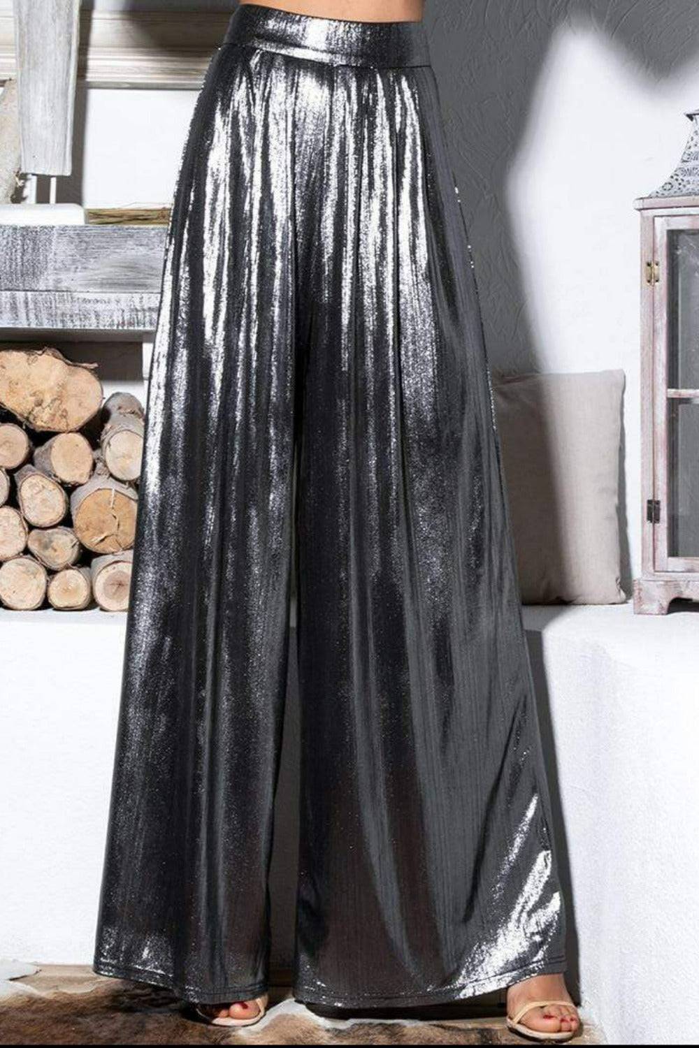 Silver Metallic High Waisted Wide Leg Palazzo Pants - TGC Boutique - Pants