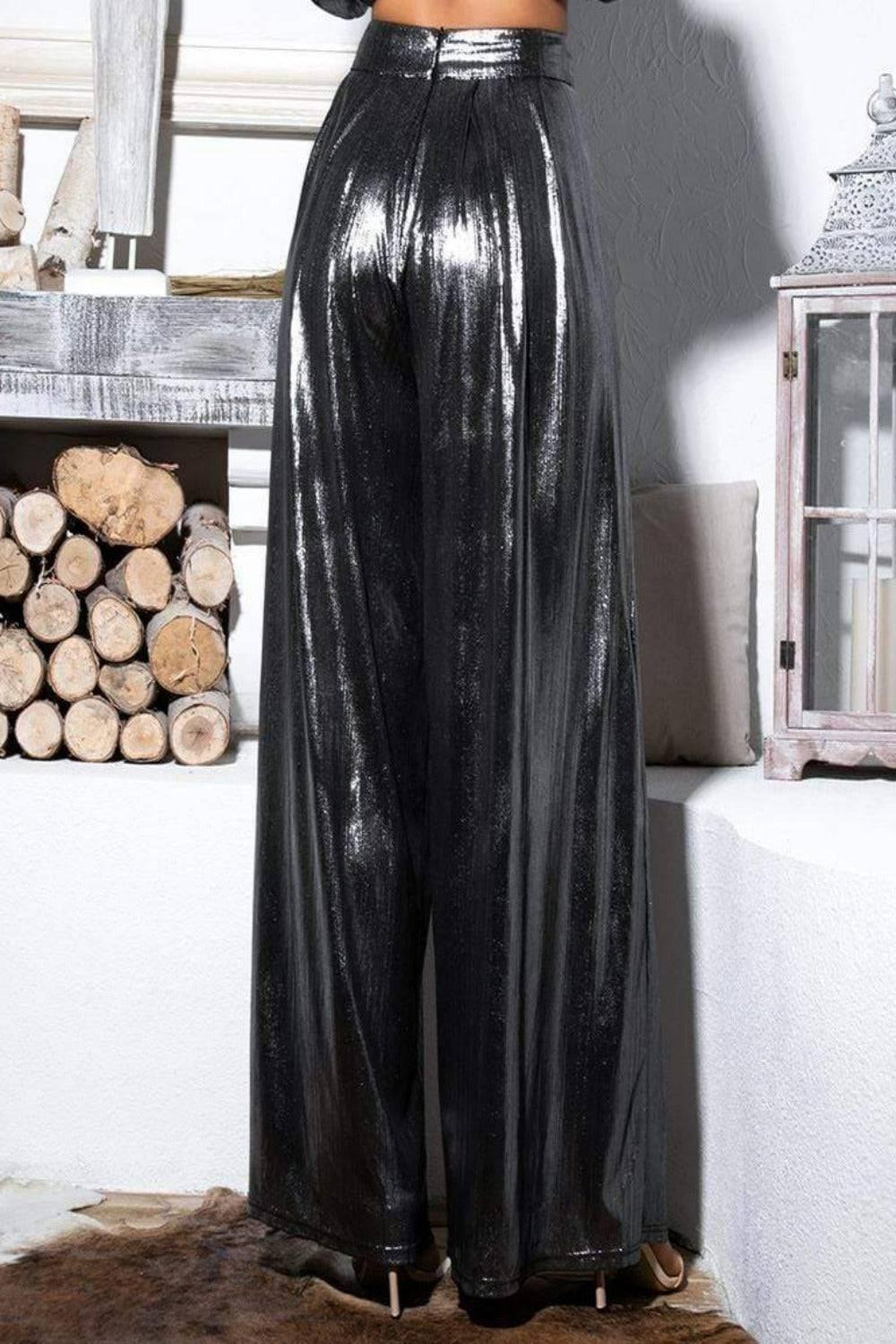 Silver Metallic High Waisted Wide Leg Palazzo Pants - TGC Boutique - Pants