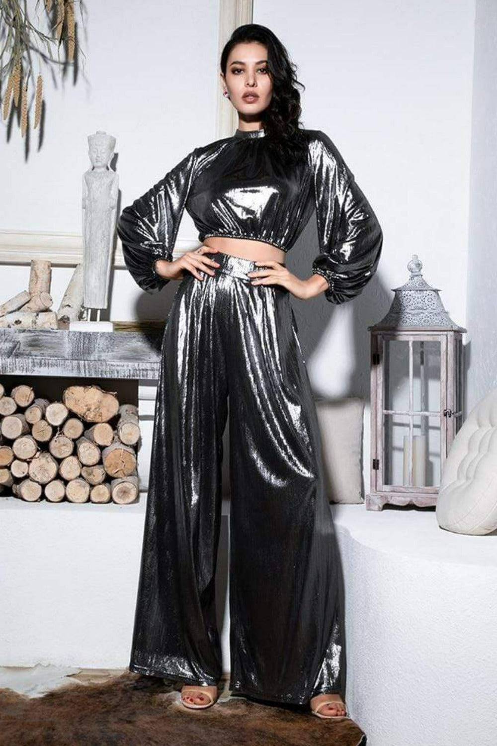 Silver Metallic High Waisted Wide Leg Palazzo Pants - TGC Boutique - Pants