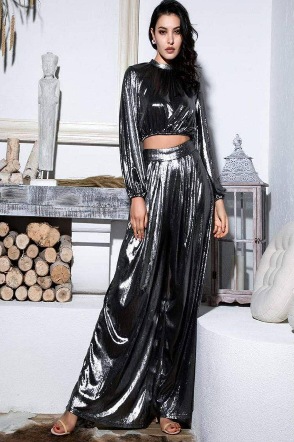 Silver Metallic High Waisted Wide Leg Palazzo Pants - TGC Boutique - Pants