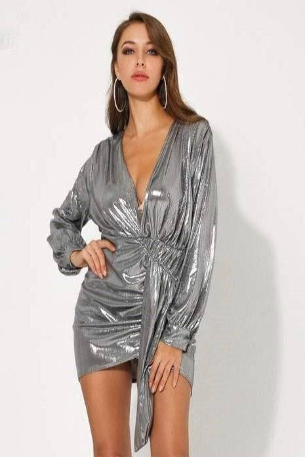 Silver Metallic Ruched Mini Dress - TGC Boutique - Mini Dress