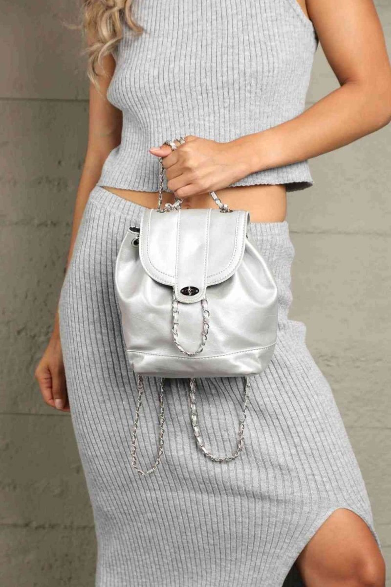 Sleek Vegan Leather Backpack with Chain Straps - TGC Boutique - Handbags
