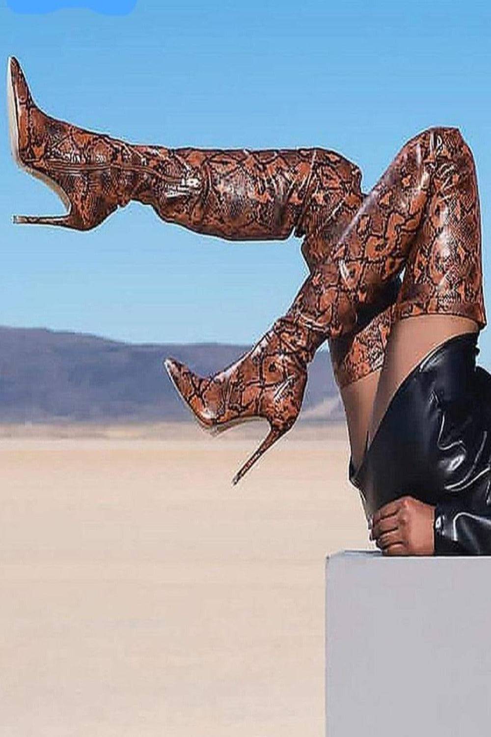 Snake Pattern Over The Knee High Heel Boot - TGC Boutique - High Heel Boots