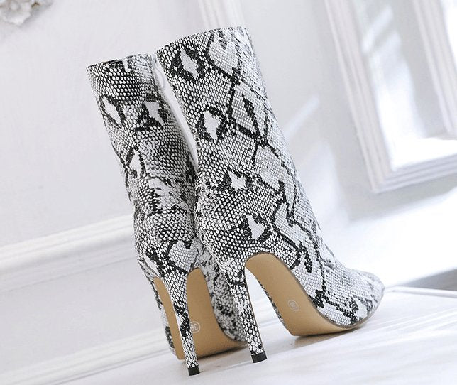 Snake Print Pointed Toe Mid-Calf Stiletto Boots - TGC Boutique - Ankle Booties