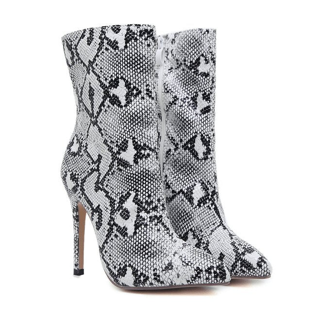 Snake Print Pointed Toe Mid-Calf Stiletto Boots - TGC Boutique - Ankle Booties