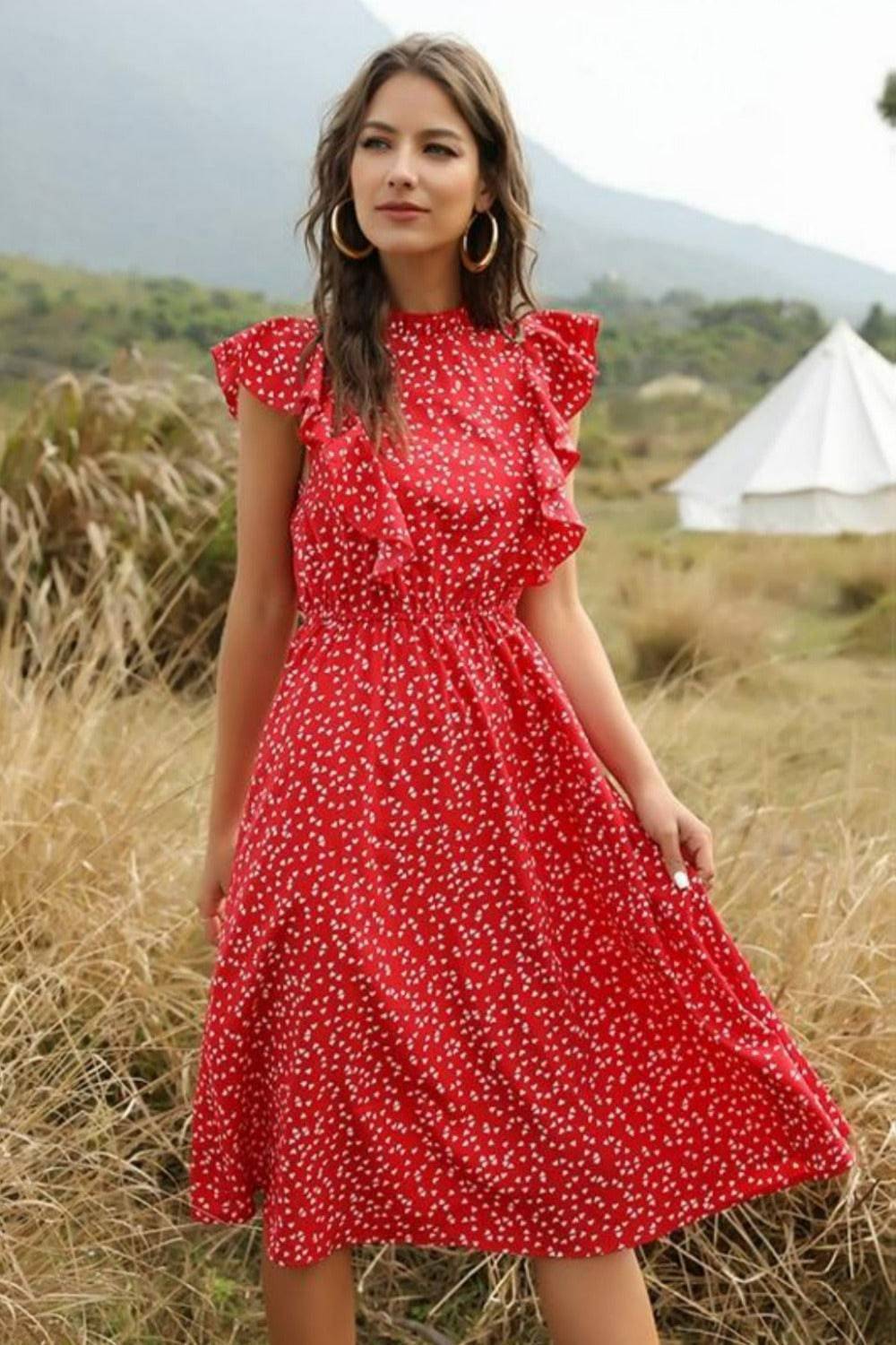 Spring Love Floral Print Ruffle Black Midi Dress - TGC Boutique - Summer Dress