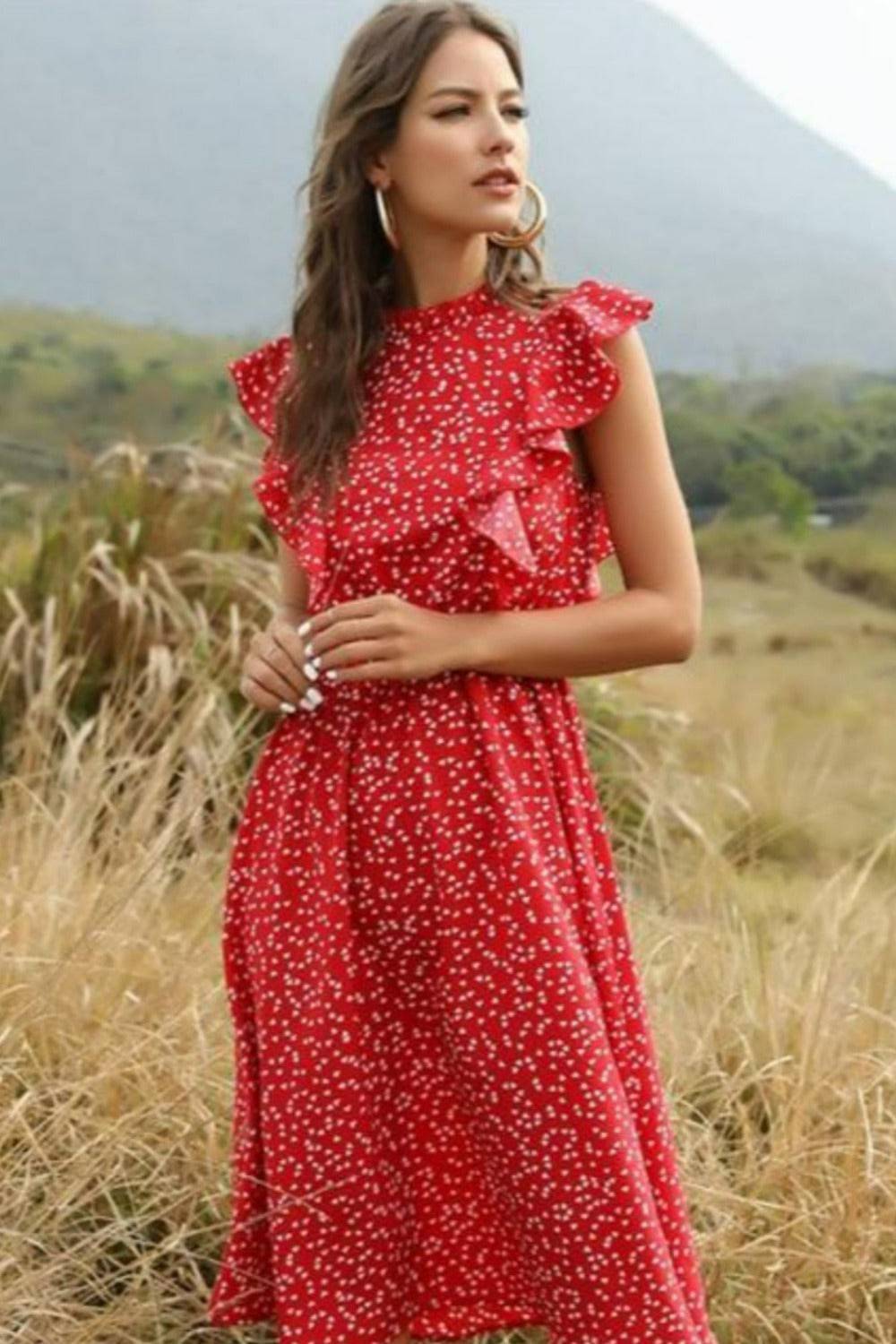 Spring Love Floral Print Ruffle Black Midi Dress - TGC Boutique - Summer Dress