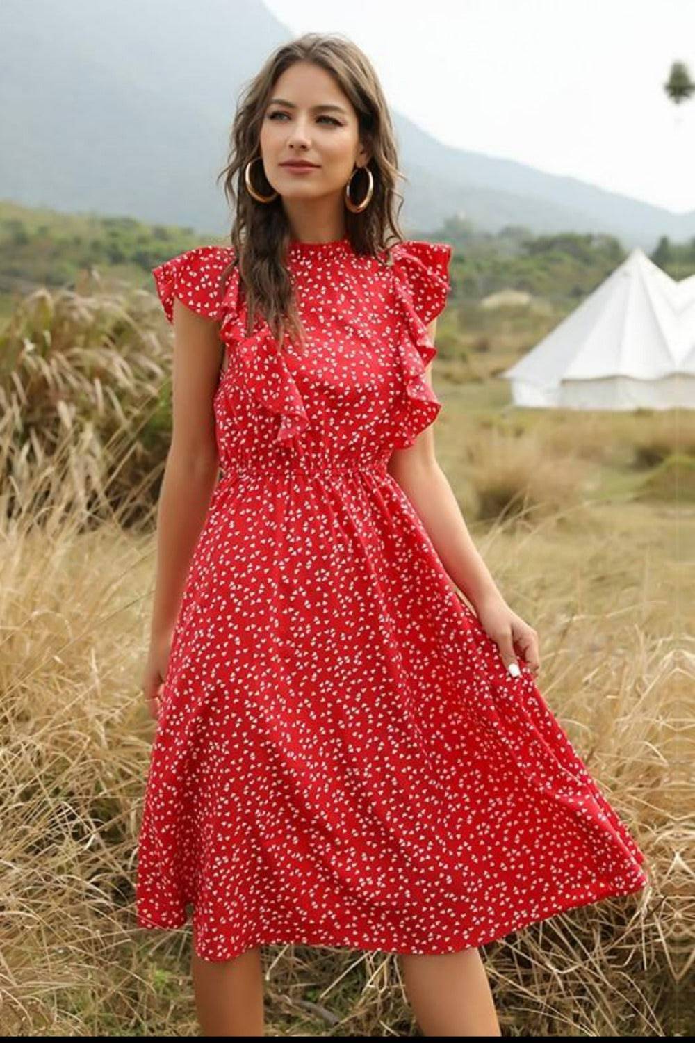 Spring Love Floral Print Ruffle Blue Midi Dress - TGC Boutique - Summer Dress