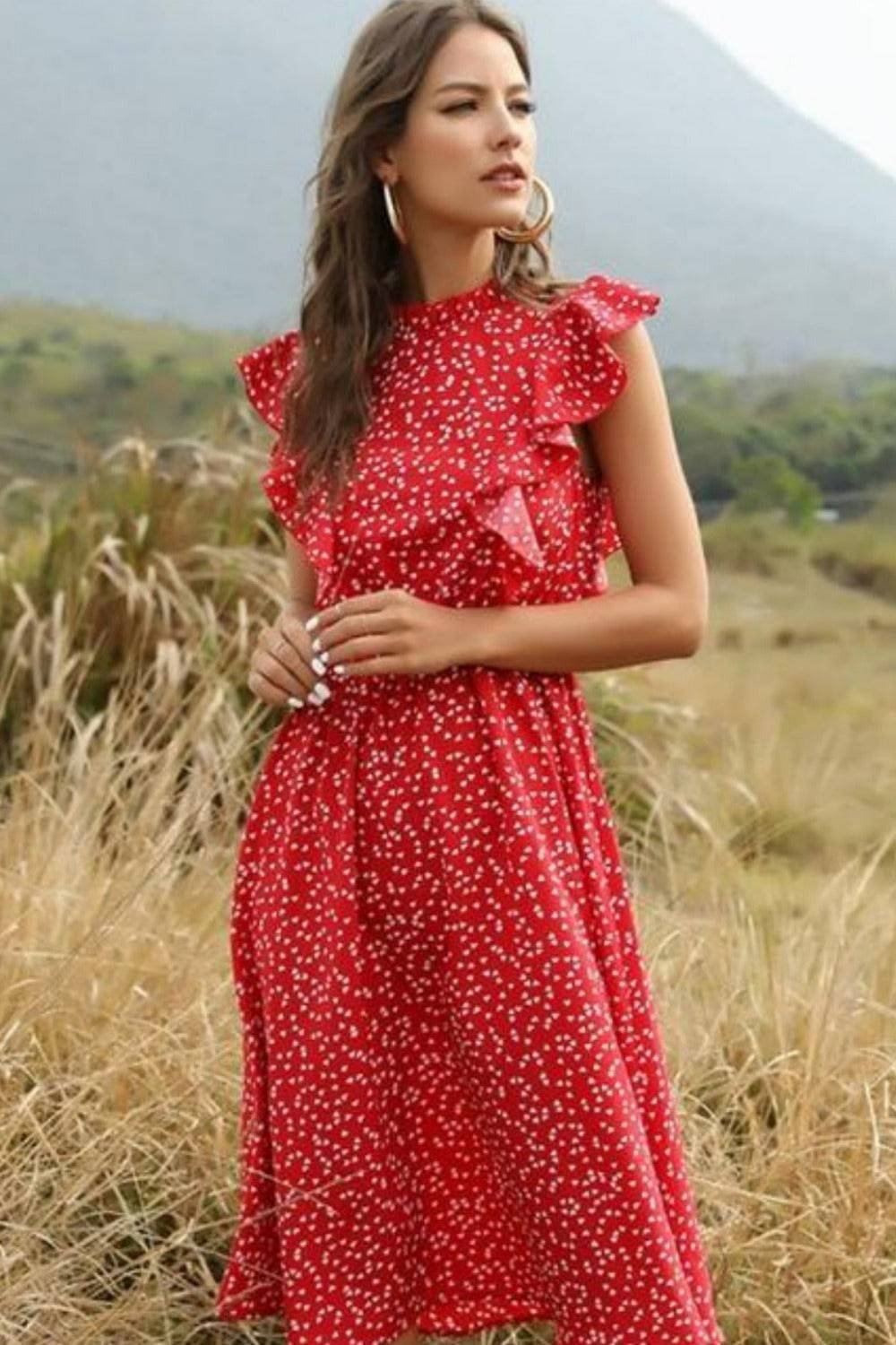 Spring Love Floral Print Ruffle Blue Midi Dress - TGC Boutique - Summer Dress
