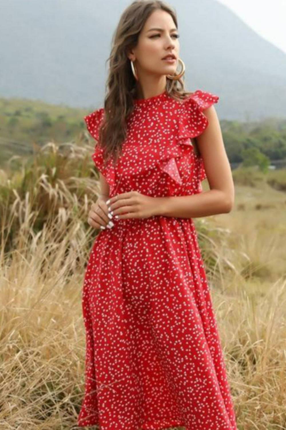 Spring Love Floral Print Ruffle Midi Red Dress - TGC Boutique - Summer Dress