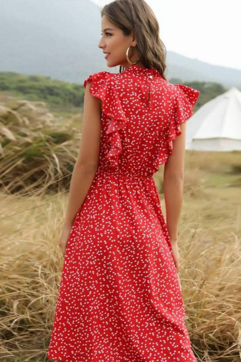 Spring Love Floral Print Ruffle Midi Red Dress - TGC Boutique - Summer Dress