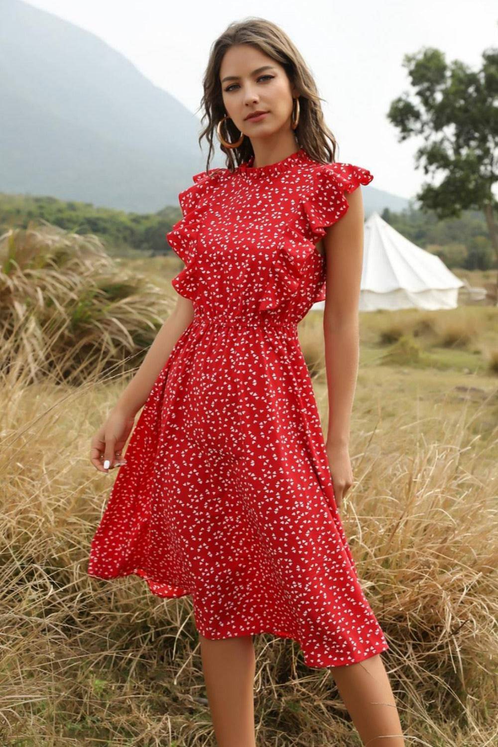 Spring Love Floral Print Ruffle Midi Red Dress - TGC Boutique - Summer Dress