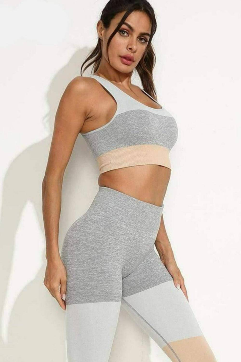 Squat Proof Patchwork Yoga Workout Set - Khaki - TGC Boutique - Activewear