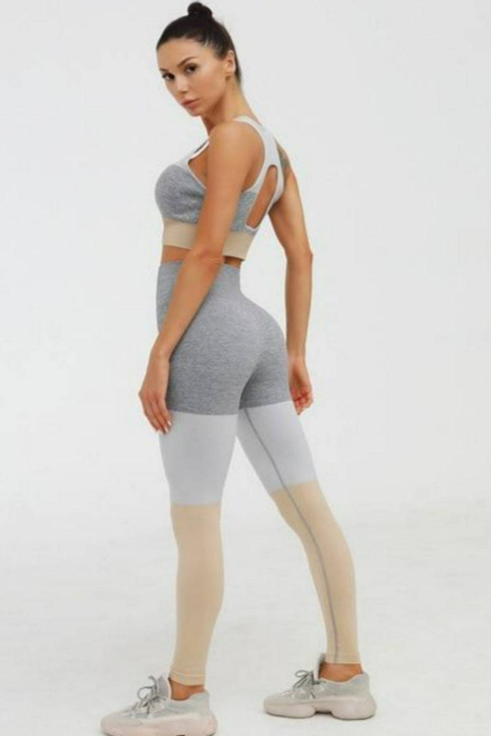 Squat Proof Patchwork Yoga Workout Set - Khaki - TGC Boutique - Activewear