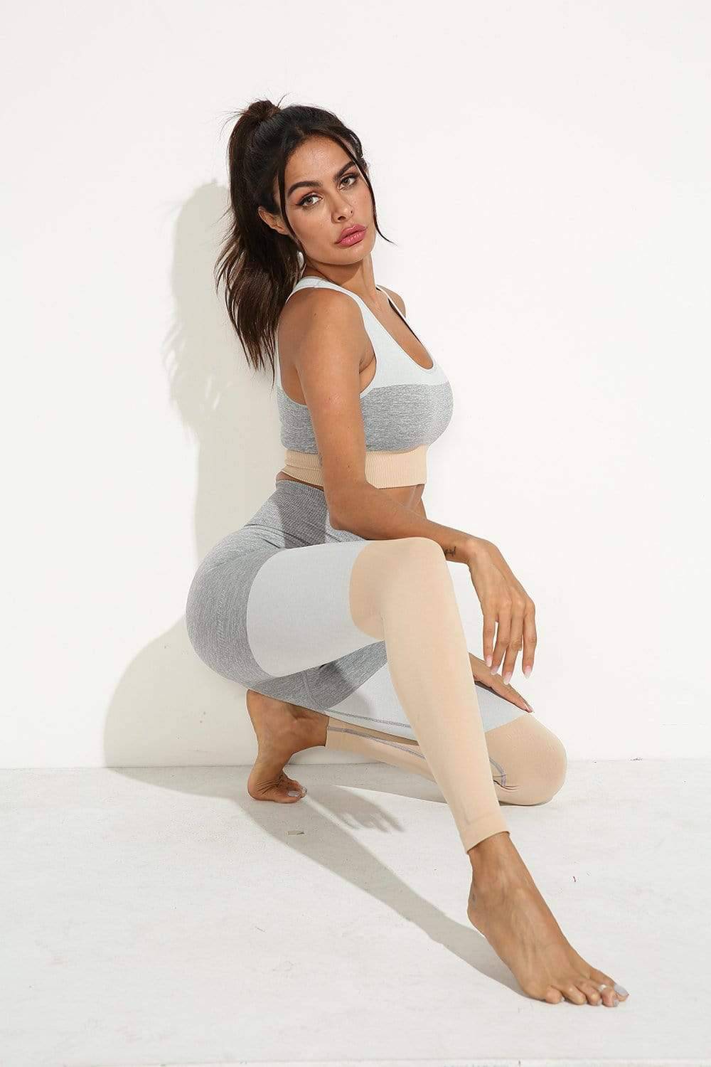 Squat Proof Patchwork Yoga Workout Set - Khaki - TGC Boutique - Activewear