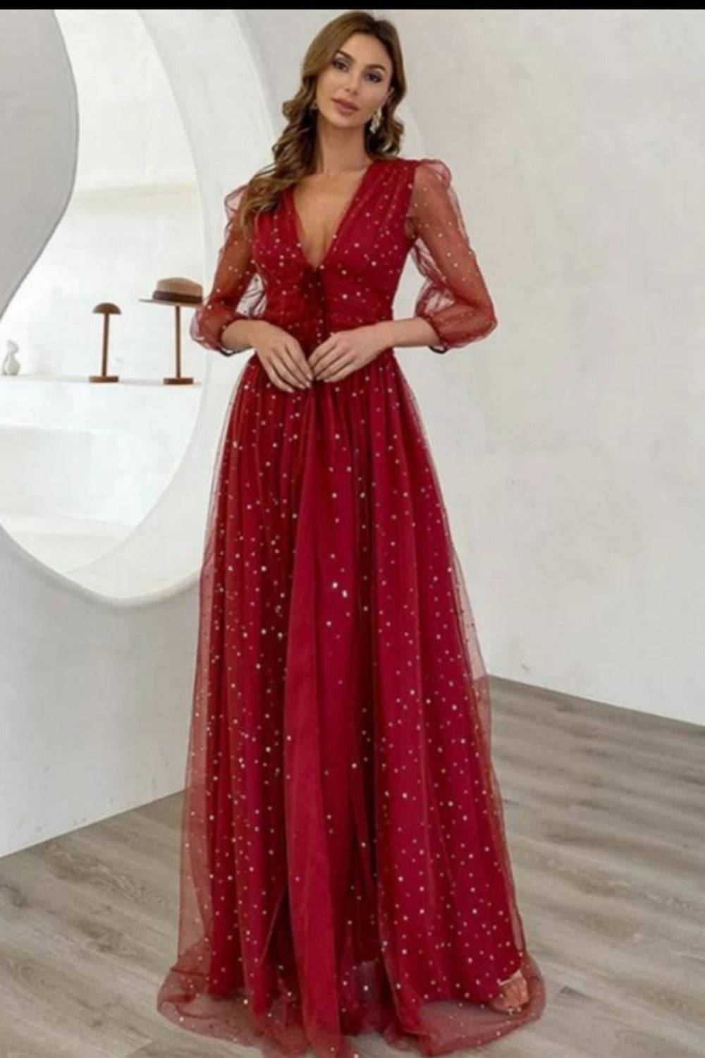 Starry Night Fit And Flare Long Sleeve Waist Fitted High Slit Maxi Star Dress - TGC Boutique - Star Dress
