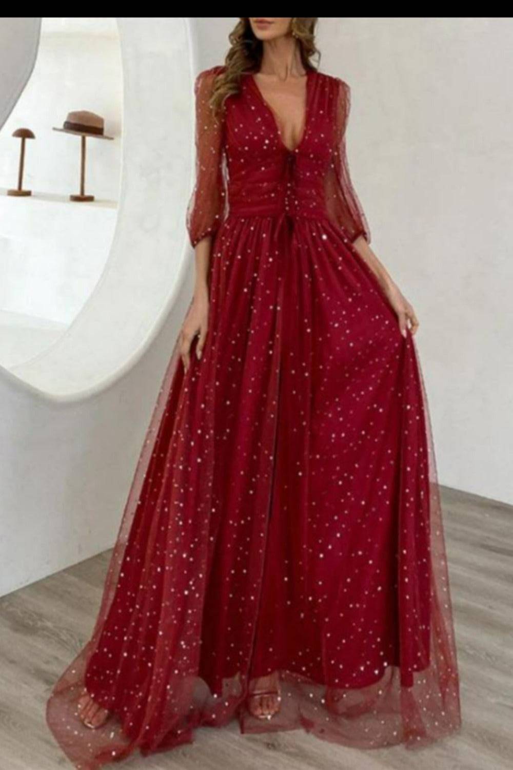 Starry Night Fit And Flare Long Sleeve Waist Fitted High Slit Maxi Star Dress - TGC Boutique - Star Dress