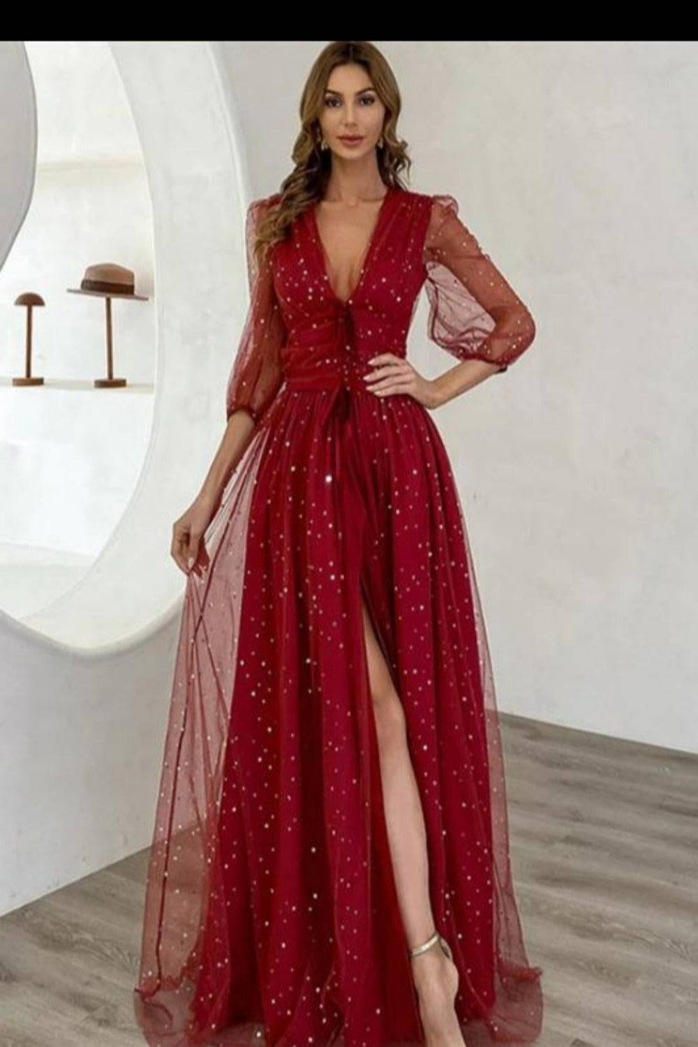 Starry Night Fit And Flare Long Sleeve Waist Fitted High Slit Maxi Star Dress - TGC Boutique - Star Dress