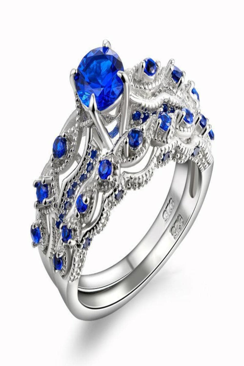 Sterling Silver Blue Sapphire Engagement Ring Set - TGC Boutique - Engagement Ring Set