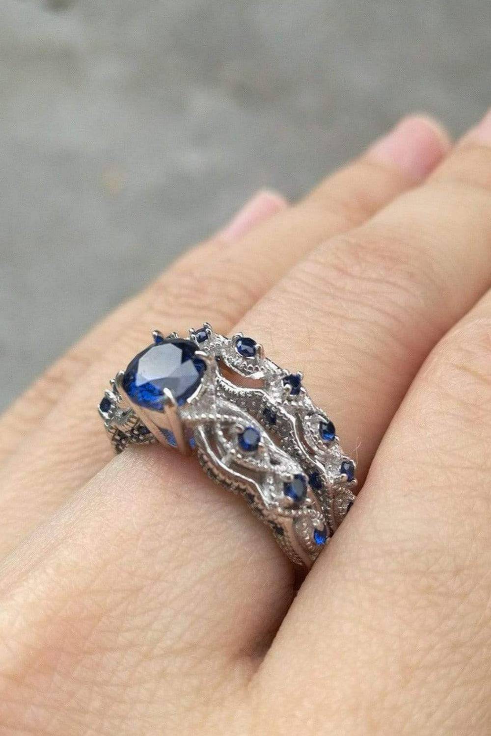 Sterling Silver Blue Sapphire Engagement Ring Set - TGC Boutique - Engagement Ring Set