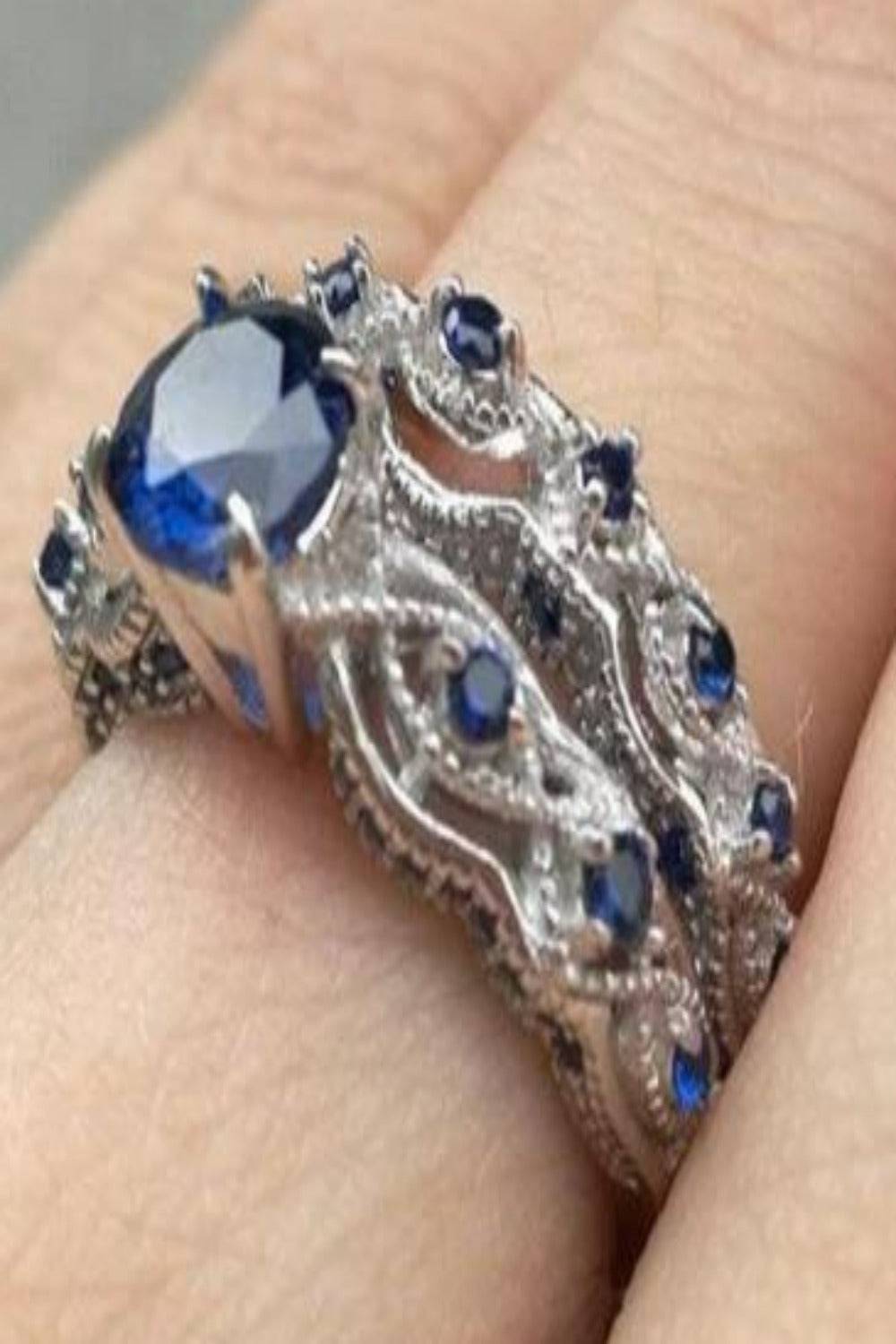 Sterling Silver Blue Sapphire Engagement Ring Set - TGC Boutique - Engagement Ring Set