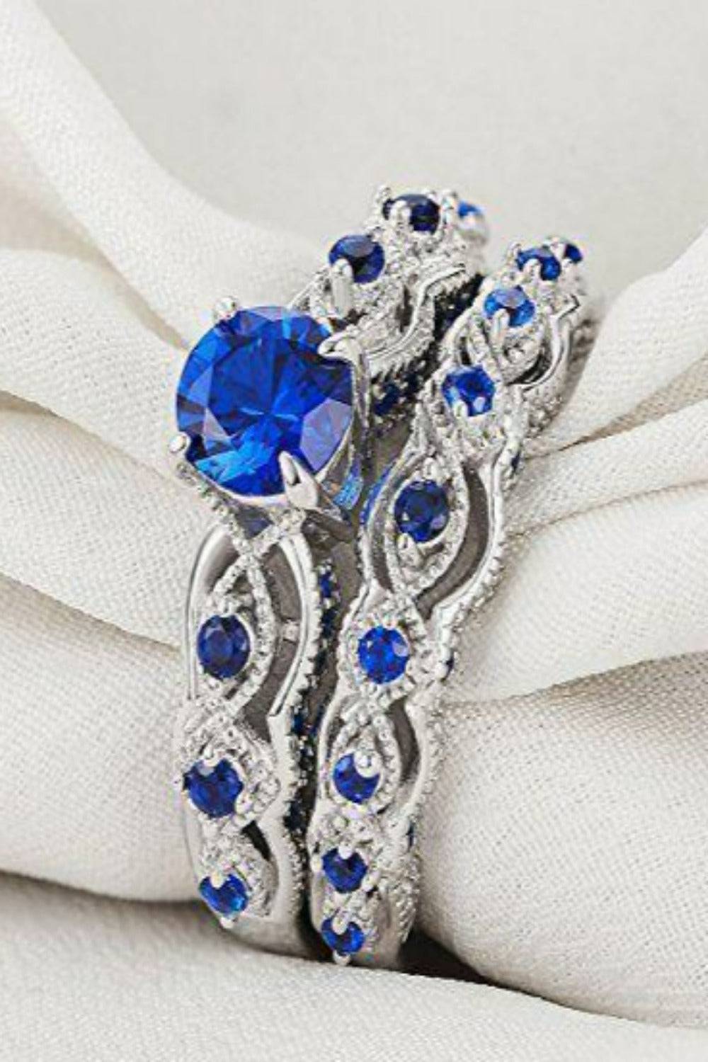 Sterling Silver Blue Sapphire Engagement Ring Set - TGC Boutique - Engagement Ring Set