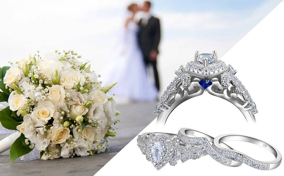 Sterling Silver Blue Sapphire Pear Engagement Rings Set - TGC Boutique - Sterling Silver Ring Set