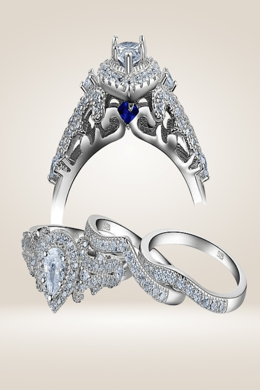 Sterling Silver Blue Sapphire Pear Engagement Rings Set - TGC Boutique - Sterling Silver Ring Set