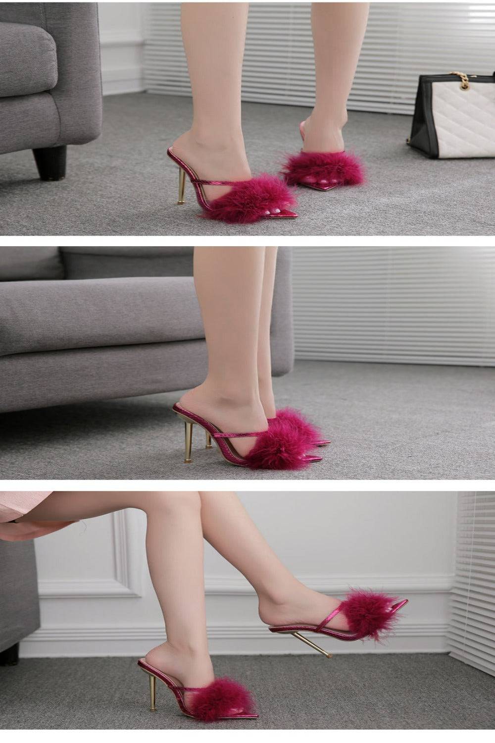 Stiletto Gold High Heel Sandals Ankle Strap Fluffy Fur Shoes - TGC Boutique - High Heel Sandals