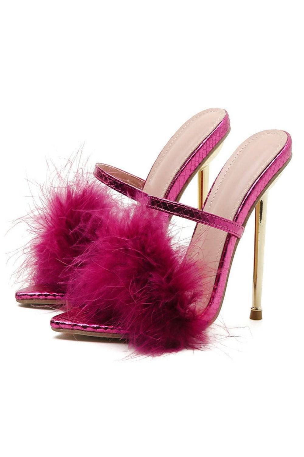 Stiletto Gold High Heel Sandals Ankle Strap Fluffy Fur Shoes - TGC Boutique - High Heel Sandals