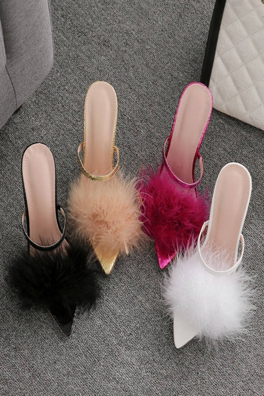 Stiletto Gold High Heel Sandals Ankle Strap Fluffy Fur Shoes - TGC Boutique - High Heel Sandals