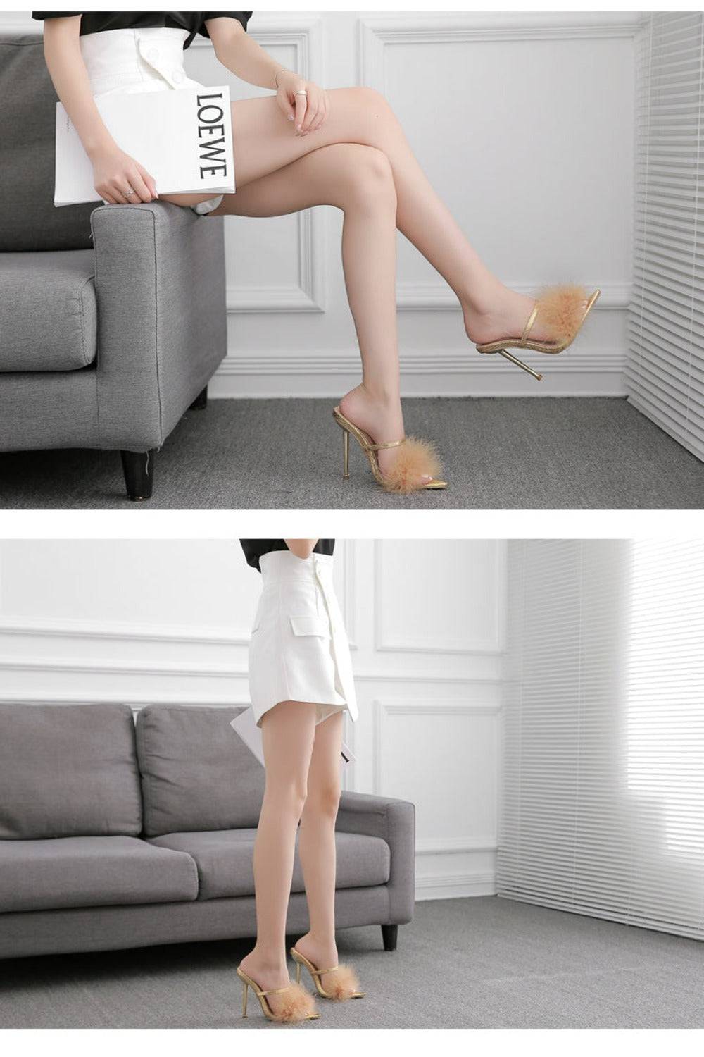 Stiletto Gold High Heel Sandals Ankle Strap Fluffy Fur Shoes - TGC Boutique - High Heel Sandals